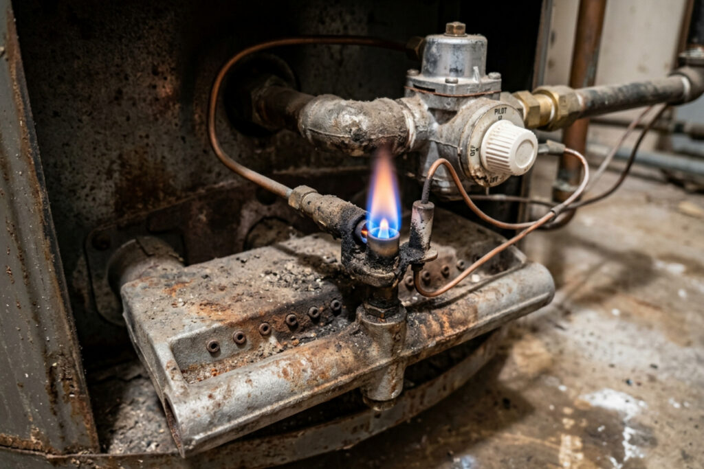 dirty pilot tube water heater burner assembly with pilot light