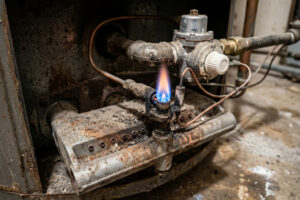 dirty pilot tube water heater burner assembly with pilot light