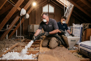 HVAC attic insulation experts working in a hot residential attic