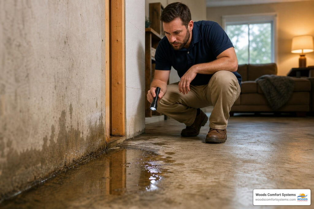 slab leak warning signs water damage near concrete foundation
