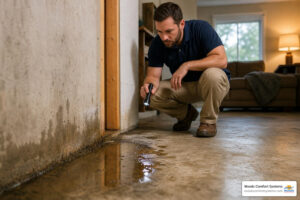 slab leak warning signs water damage near concrete foundation