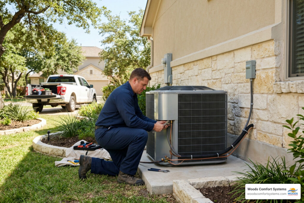 HVAC technician installing a modern outdoor AC condenser beside a Central Texas home