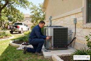 HVAC technician installing a modern outdoor AC condenser beside a Central Texas home