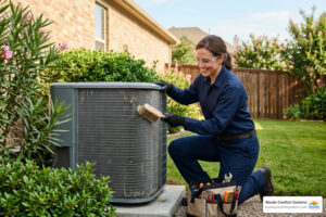 HVAC technician performing maintenance for a service plan comparison