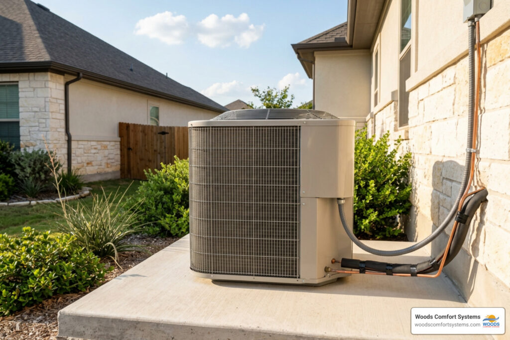 AC installation in San Marcos, TX with a modern outdoor condenser beside a home