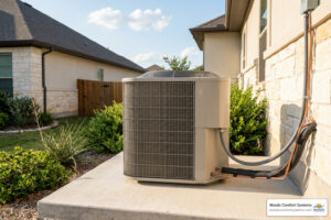 AC installation in San Marcos, TX with a modern outdoor condenser beside a home