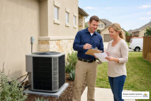 Male HVAC technician reviewing AC installation financing options with a homeowner
