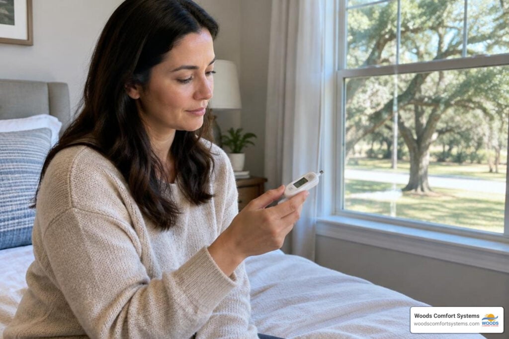 Homeowner checking the temperature in a cold bedroom of a San Marcos home