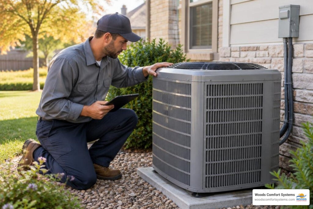 HVAC technician inspecting a residential outdoor AC unit during early fall in Central Texas