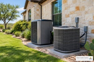 heat pump and central AC outdoor units beside a South Texas home