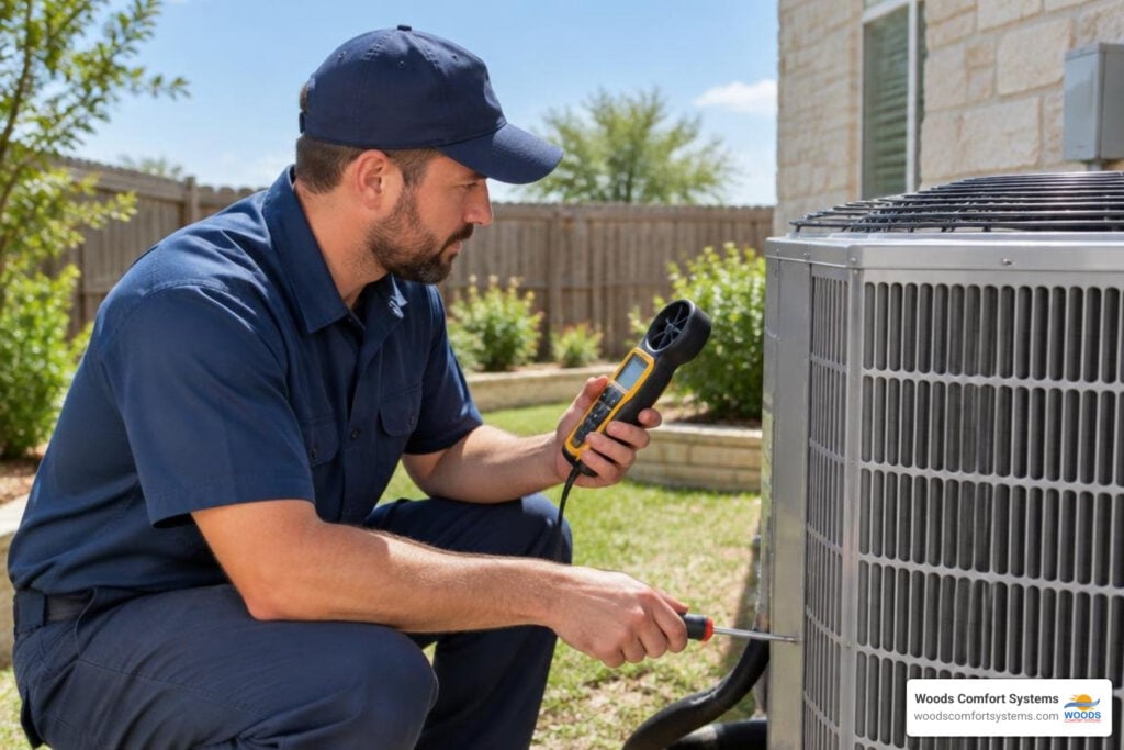 HVAC technician inspecting an outdoor AC unit after a long Texas cooling season