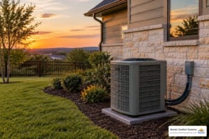 brand-neutral residential heat pump outdoor unit beside a Central Texas home