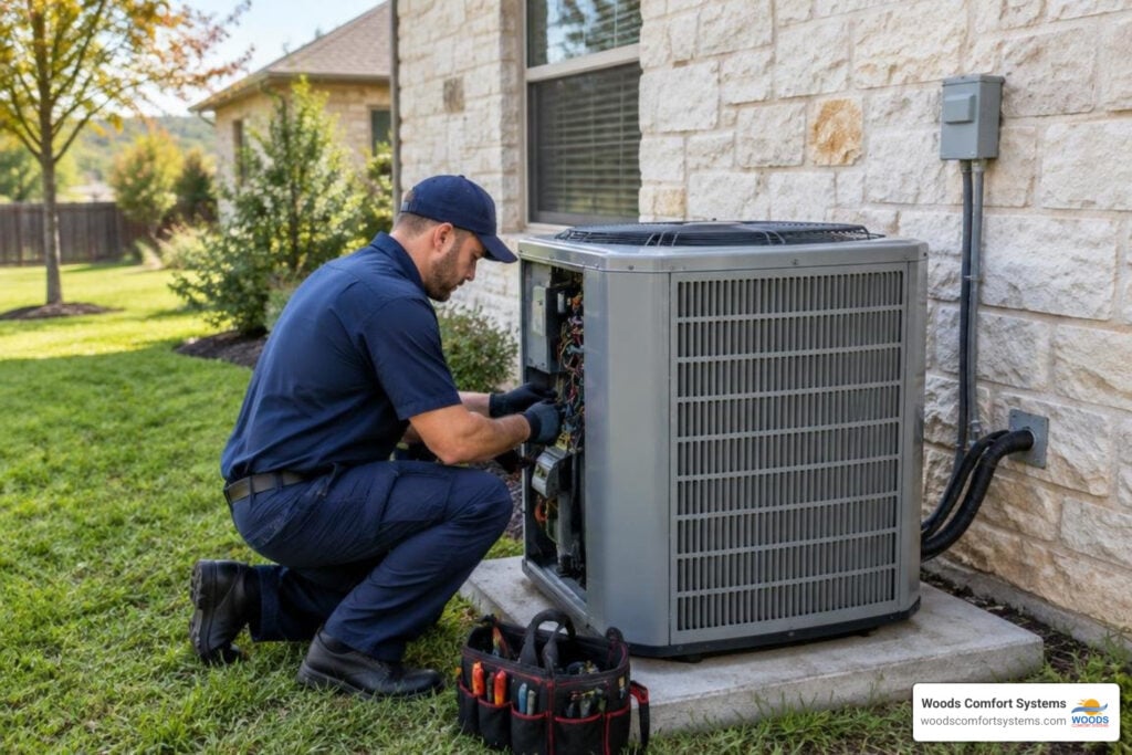 Technician performing fall HVAC maintenance on an outdoor unit at a San Marcos home