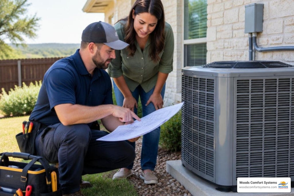 HVAC technician reviewing an AC installation plan with a homeowner