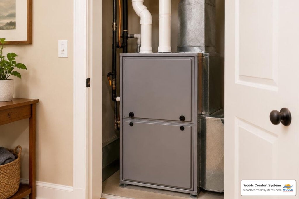 Modern residential furnace in a clean utility area prepared for seasonal heating