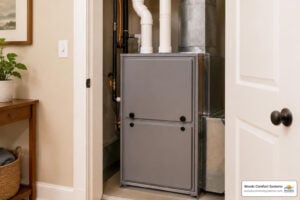 Modern residential furnace in a clean utility area prepared for seasonal heating